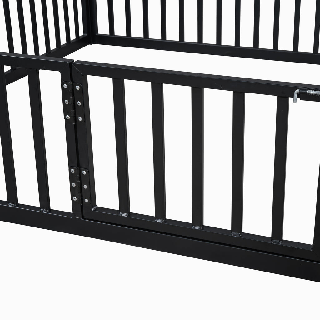 Leoglint Twin Size Metal House Bed Frame with Fence and Door, Black