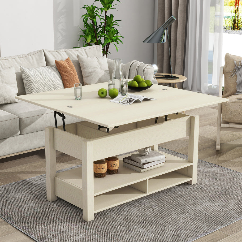 Leoglint [VIDEO provided] ON-TREND Lift Top Coffee Table, Multi-Functional Coffee Table with Open Shelves, Modern Lift Tabletop Dining Table for Living Room, Home Office, Rustic Ivory