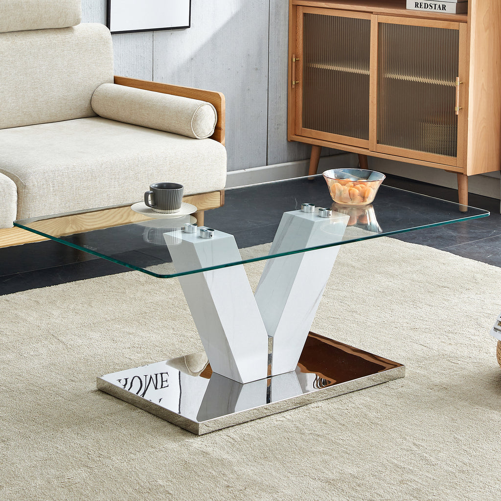 Leoglint Modern minimalist coffee table. Transparent tempered glass tabletop with silver MDF pillars. Suitable for living room and dining room