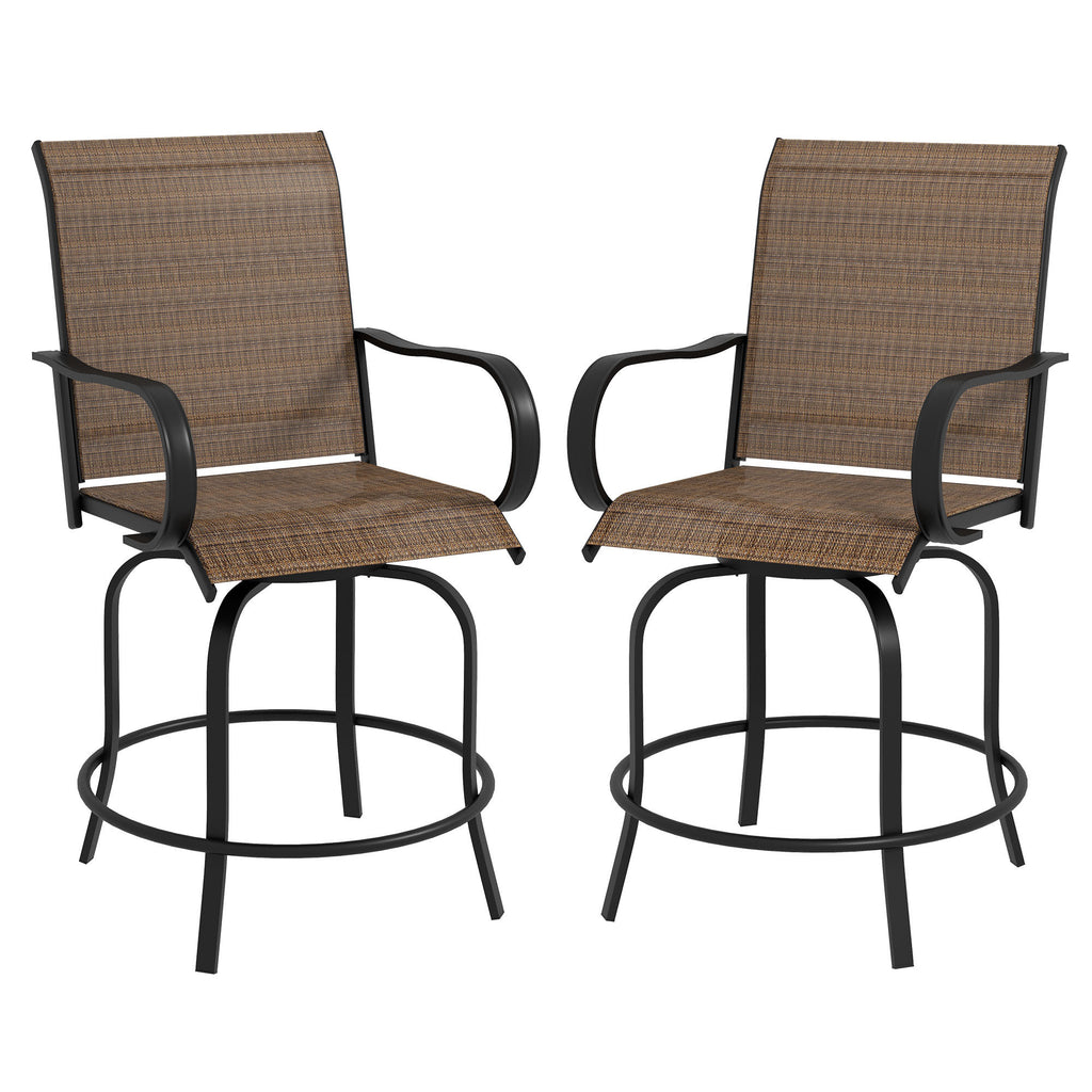 Leoglint Outdoor Bar Stools with Armrests, Set of 2 360° Swivel Bar Height Patio Outdoor Chairs with High-Density Mesh Fabric, Steel Frame Dining Chairs for Balcony, Poolside, Backyard, Tan