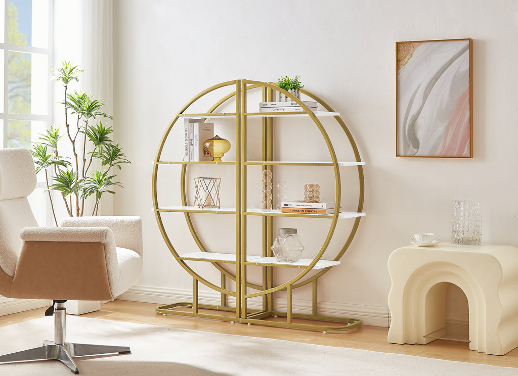 Leoglint 4 Tiers Home Office Open Bookshelf, Round Shape, Different Placement Ways, MDF Board, Gold Metal Frame, White