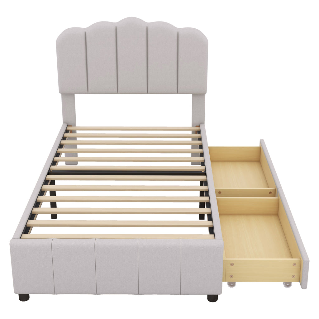 Leoglint Twin Size Upholstered Bed Frame with 2 Storage Drawers,Wood Slat Support, Beige