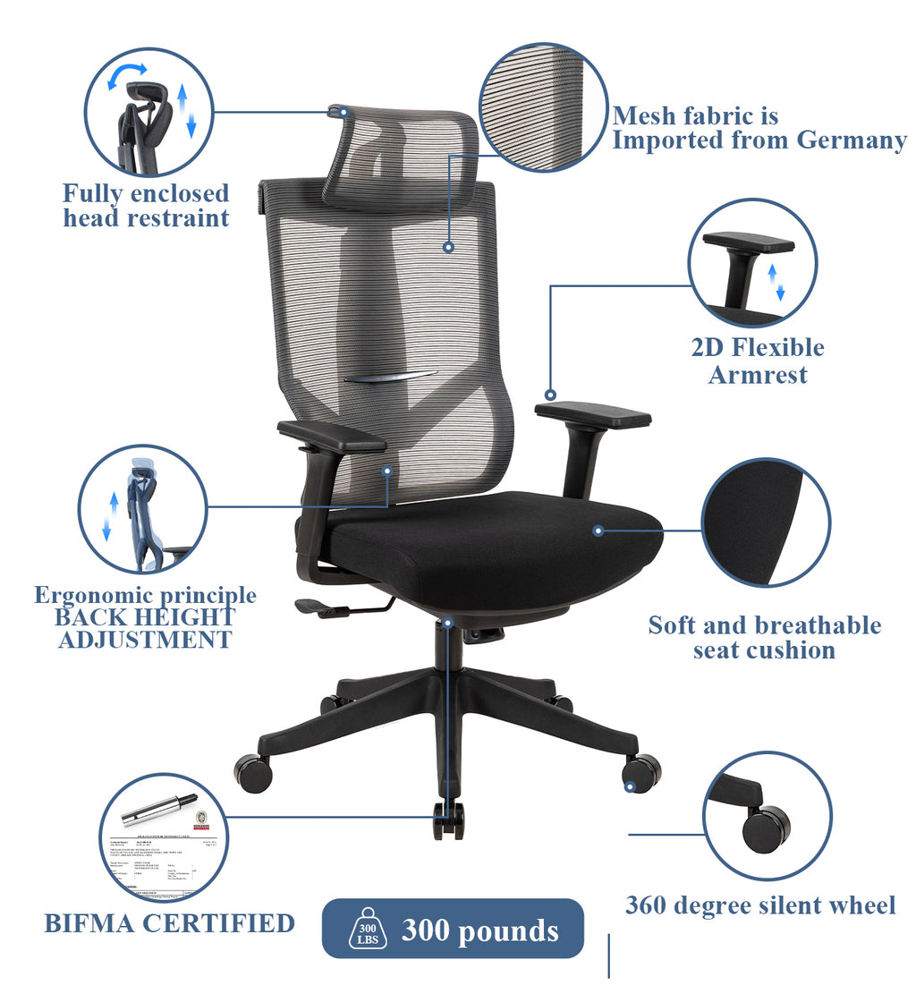 Leoglint Excustive office chair with headrest and 2D armrest, chase back function with 7 gears adjustment, tilt function max 128°,300lbs,Black mesh imported from Germany, BIFMA CERTIFICATED