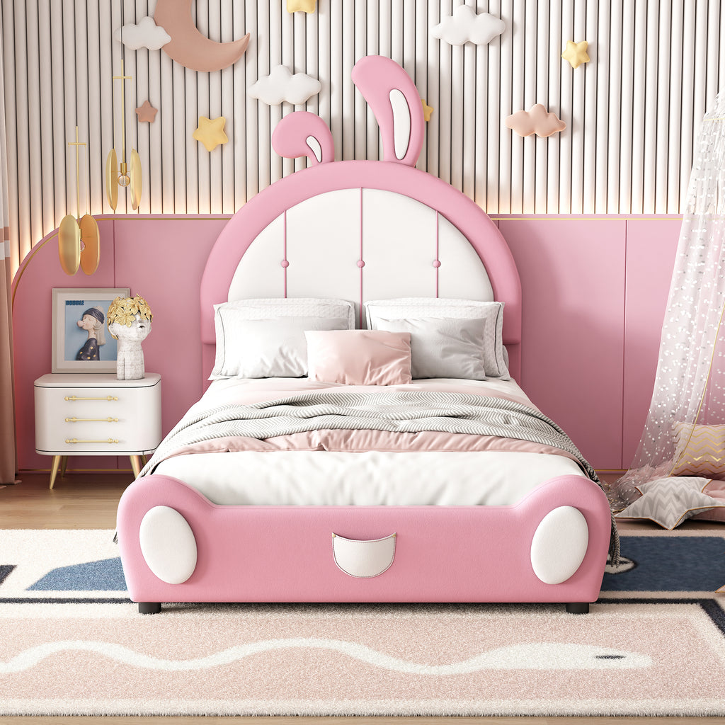 Leoglint Twin Size Upholstered Platform Bed Frame with Rabbit Shaped Headboard, Pink