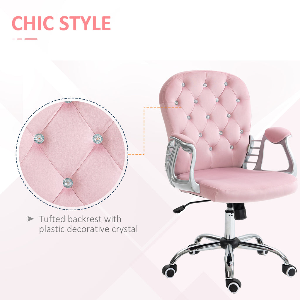 Leoglint Vinsetto Velvet Home Office Chair, Button Tufted Desk Chair with Padded Armrests, Adjustable Height and Swivel Wheels, Pink