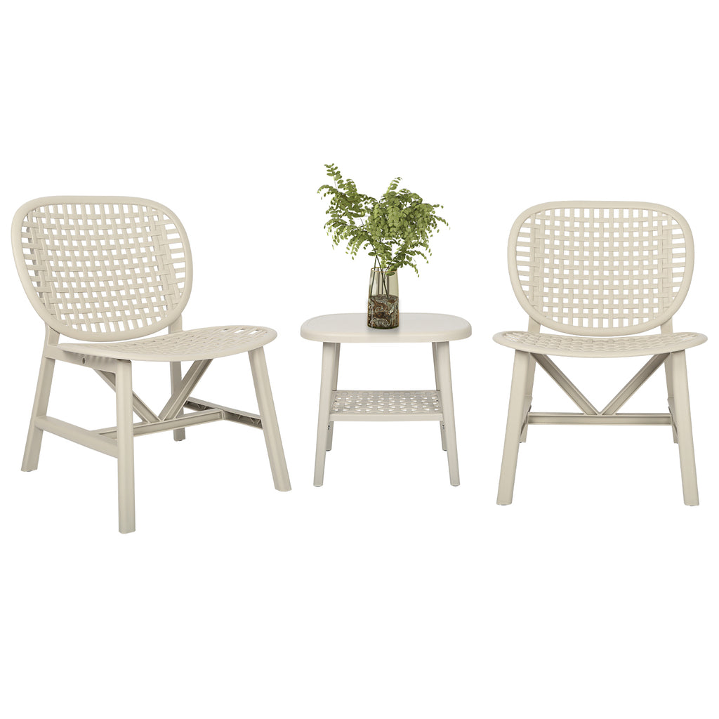 Leoglint 3 Pieces Hollow Design Retro Patio Table Outdoor Chair Set All Weather Conversation Bistro Set Outdoor Table with Open Shelf and Lounge Chairs with Widened Seat for Balcony Garden Yard White