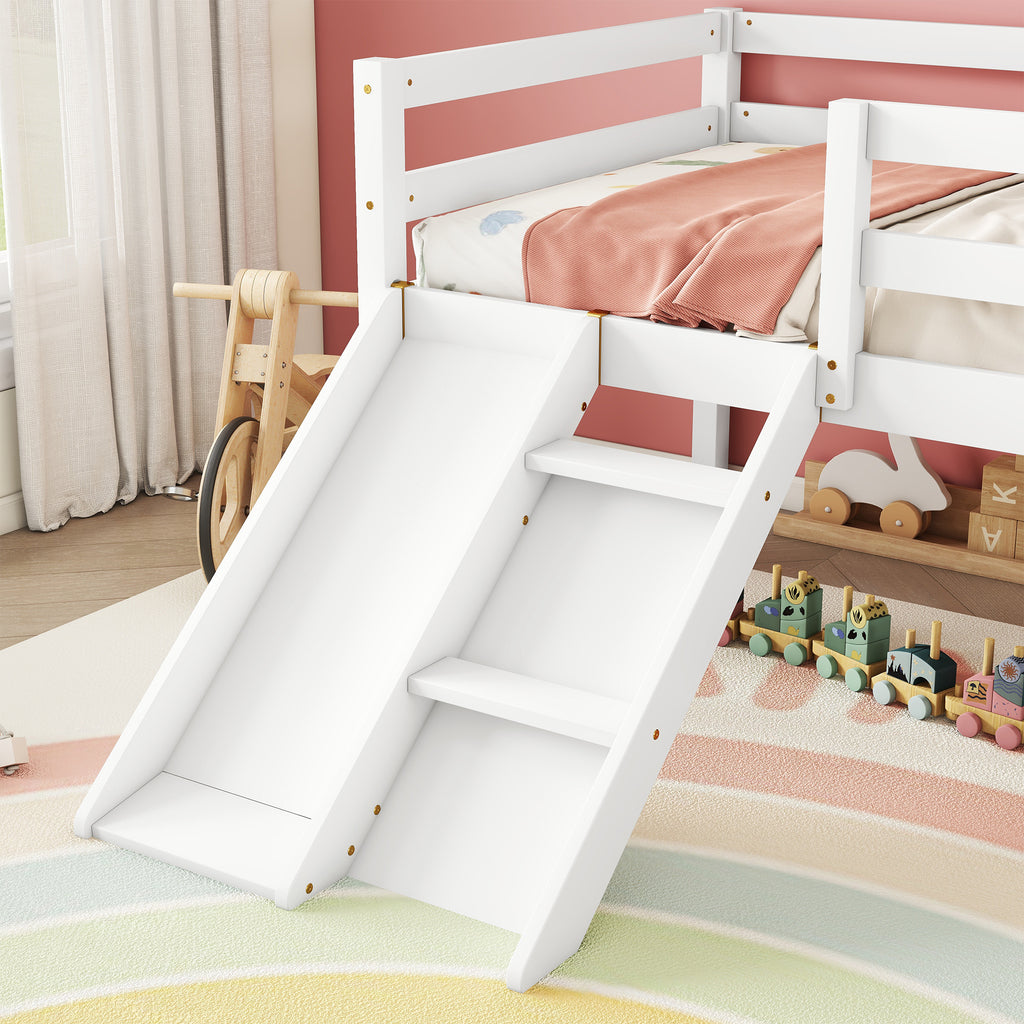 Twin Low Loft Bed Frame with Slide,  Ladder, Safety Guardrails, No Box Spring Needed,White