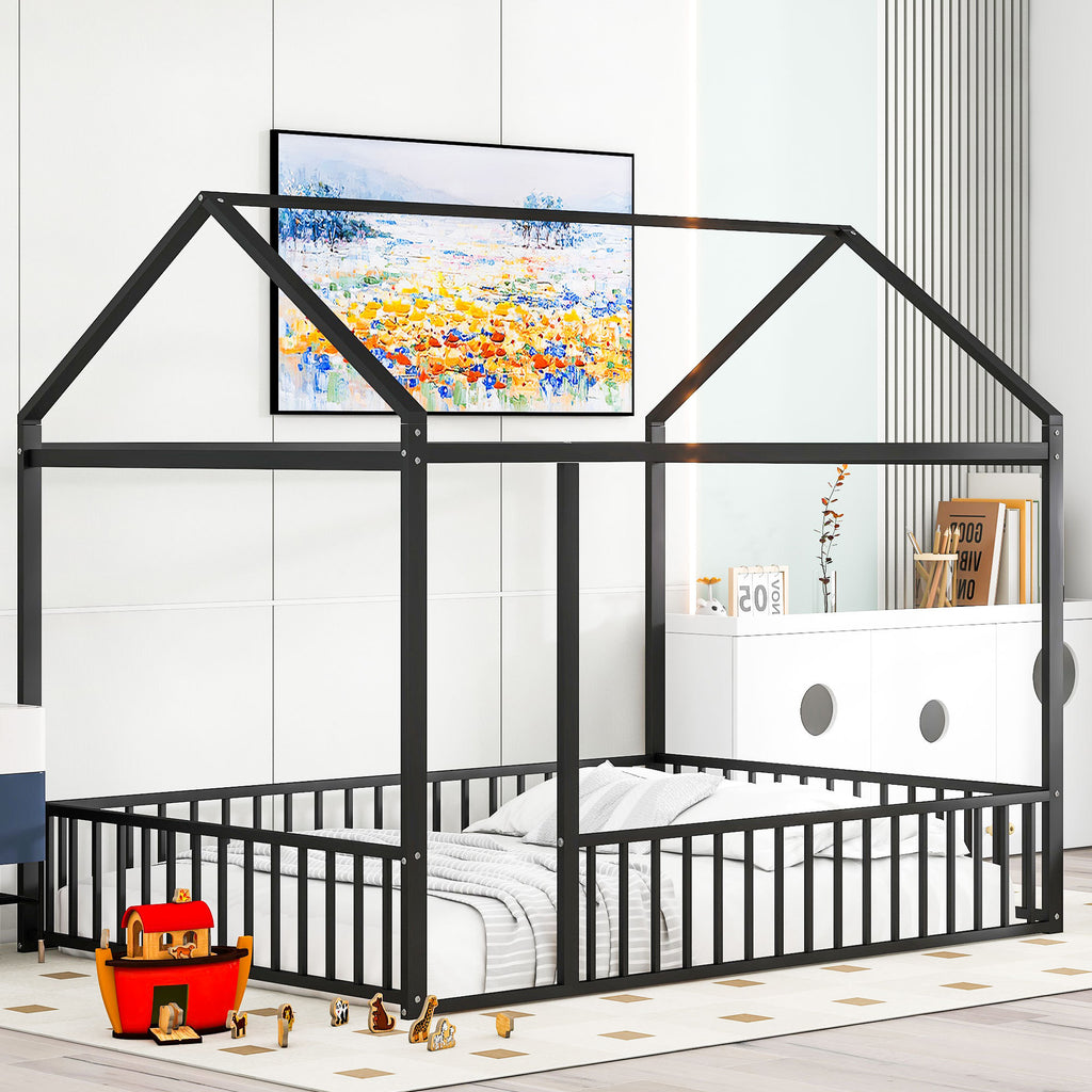 Leoglint Full Size Metal Bed House Bed Frame with Fence, for Kids, Teens, Girls, Boys,Black