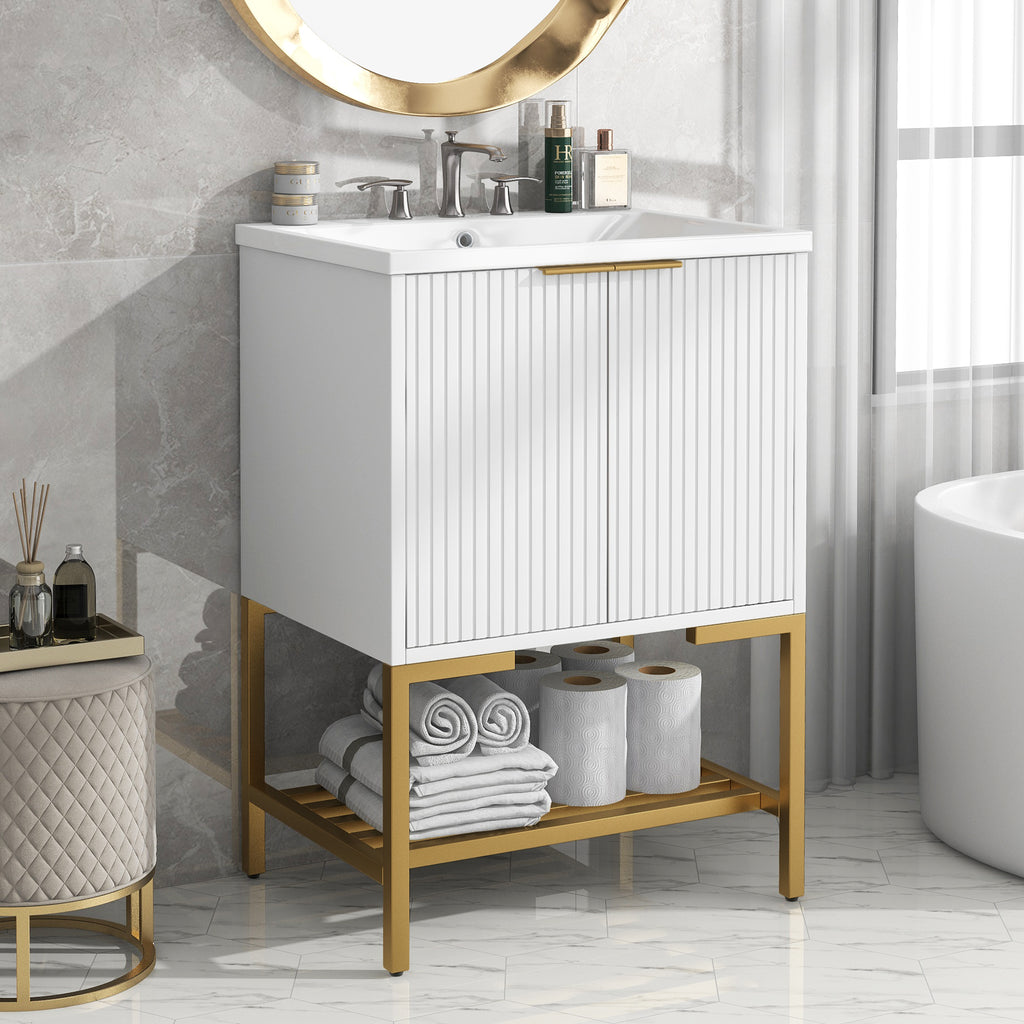 Leoglint 24" Bathroom Vanity with Sink, Bathroom Vanity Cabinet with Two Doors and Gold Metal Frame, Open Storage Shelf, White