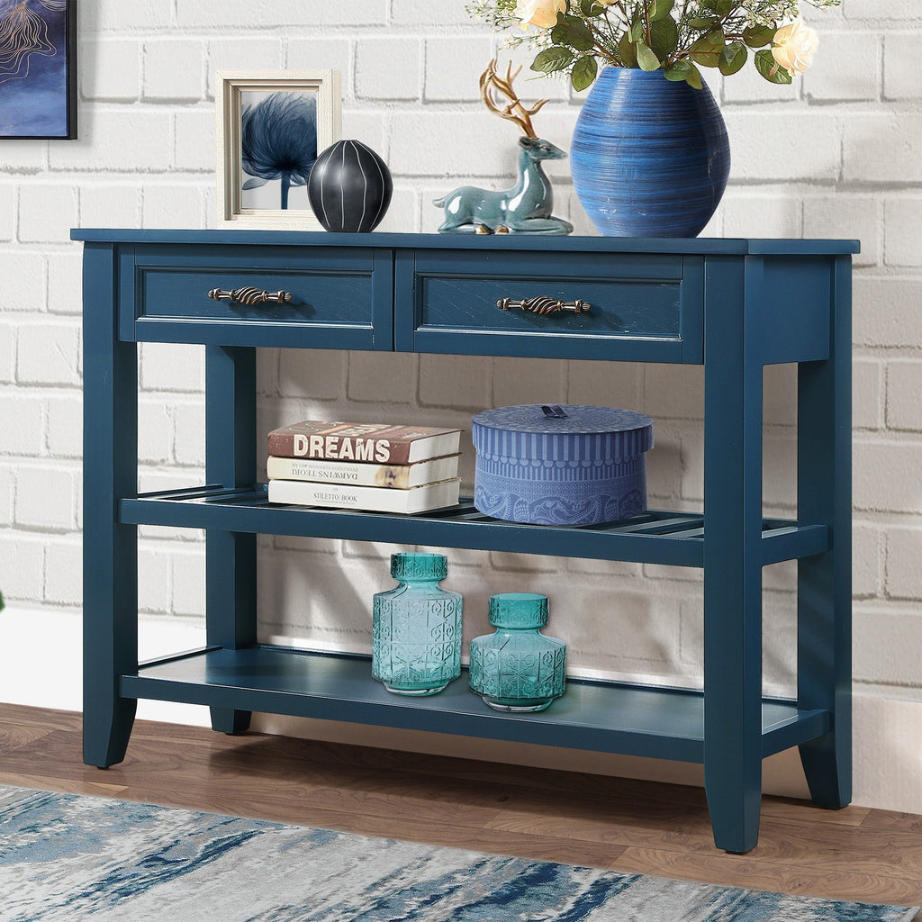 Leoglint Console Sofa Table with 2 Storage Drawers and 2 Tiers Shelves, Mid-Century Style 42'' Solid Wood Buffet Sideboard for Living Room Furniture Kitchen Dining Room Entryway Hallway,Navy Blue