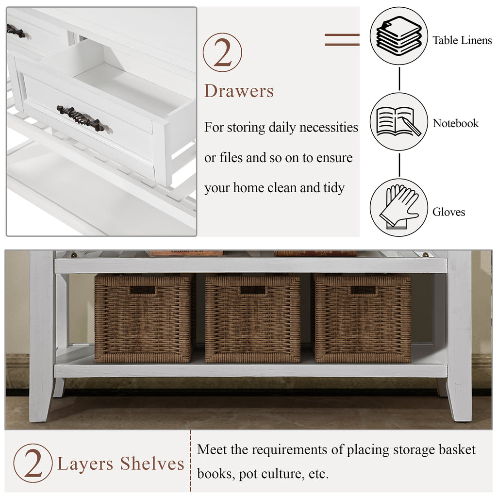 Leoglint Console Sofa Table with 2 Storage Drawers and 2 Tiers Shelves, Mid-Century Style 42'' Solid Wood Buffet Sideboard for Living Room Furniture Kitchen Dining Room Entryway Hallway, Antique White