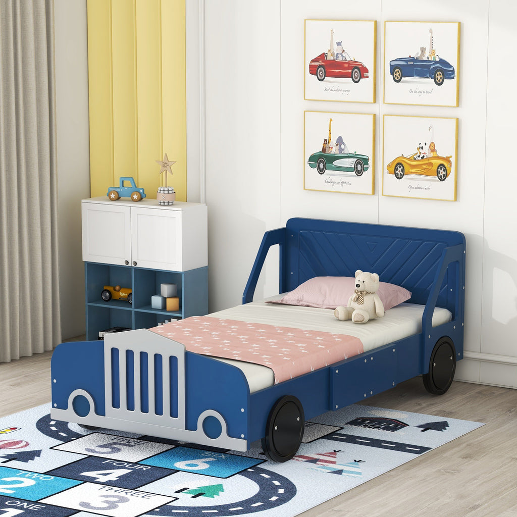 Leoglint Twin Size Car-Shaped Platform Bed Frame with Wheels,Blue