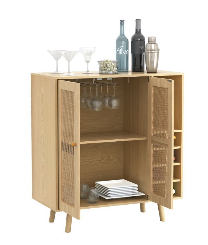 Leoglint Sideboard Bohemian Bar Cabinet, Natural Rattan Doors, Removable Wine Rack in Natural Wood