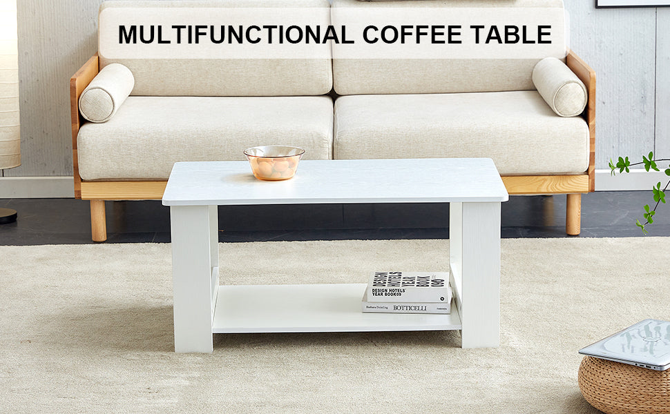 Leoglint A modern and minimalist white double layered rectangular coffee table and coffee table. MDF material is more durable and suitable for living rooms, bedrooms, and study rooms. 19.6 "*35.4"*16.5 "CT-16