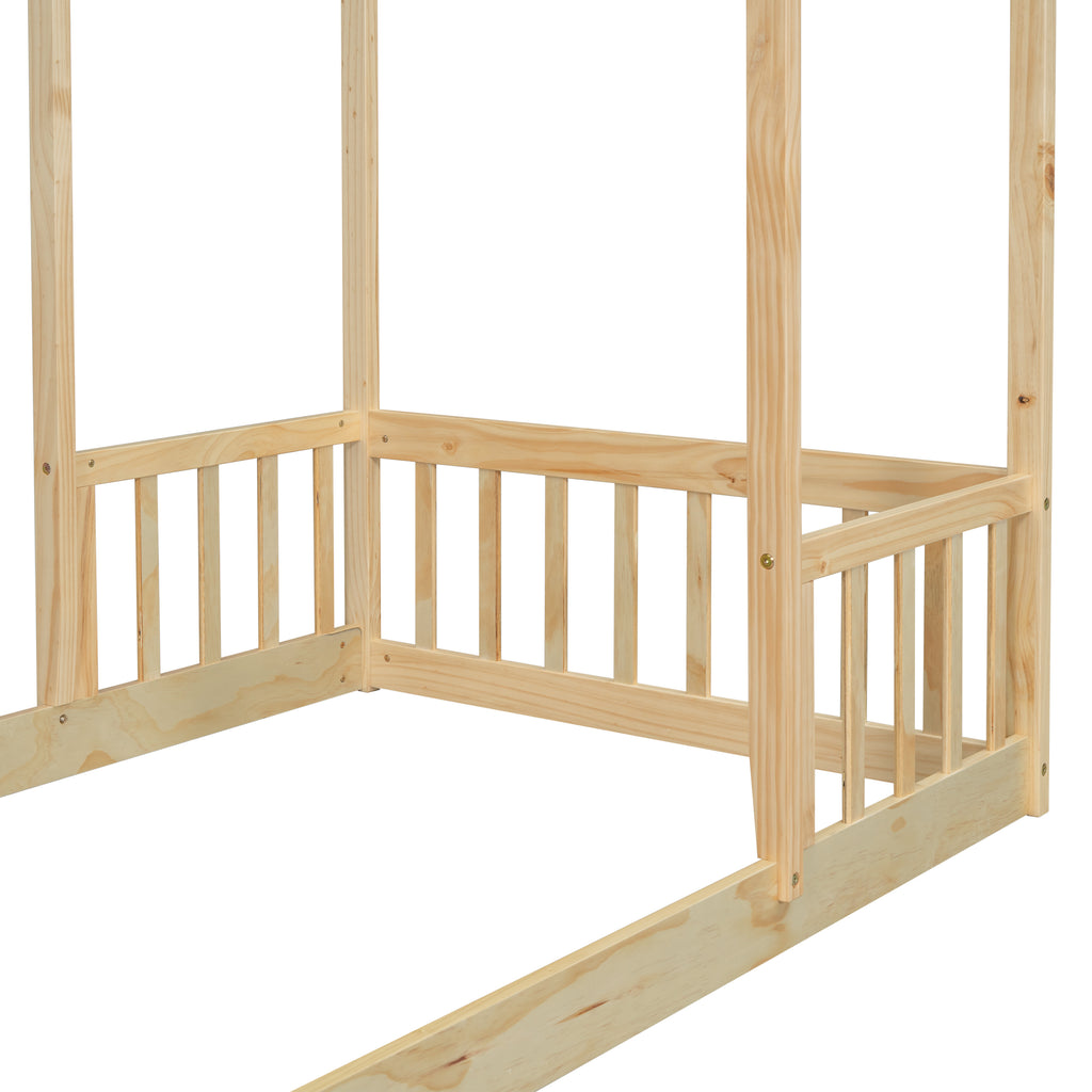 Twin House-shaped Roof Headboard Floor Bed Frame,,(without slats),Natural