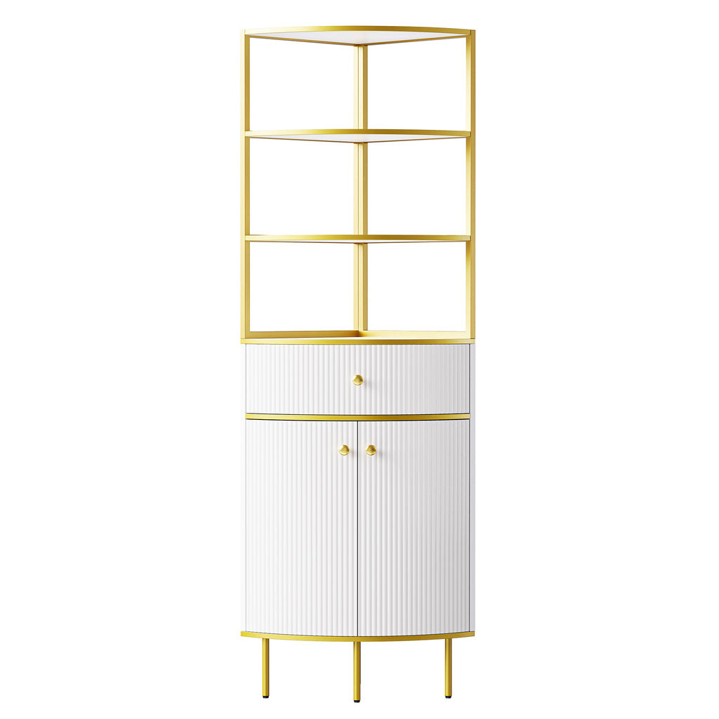 Leoglint 74.8" Tall Modern Corner Bookshelf,Fan-Shaped bookcase with 1 Drawer and 2 Doors ,Wooden Standing Corner Shelf with Gold Metal Frame for Living Room,Home Office,White