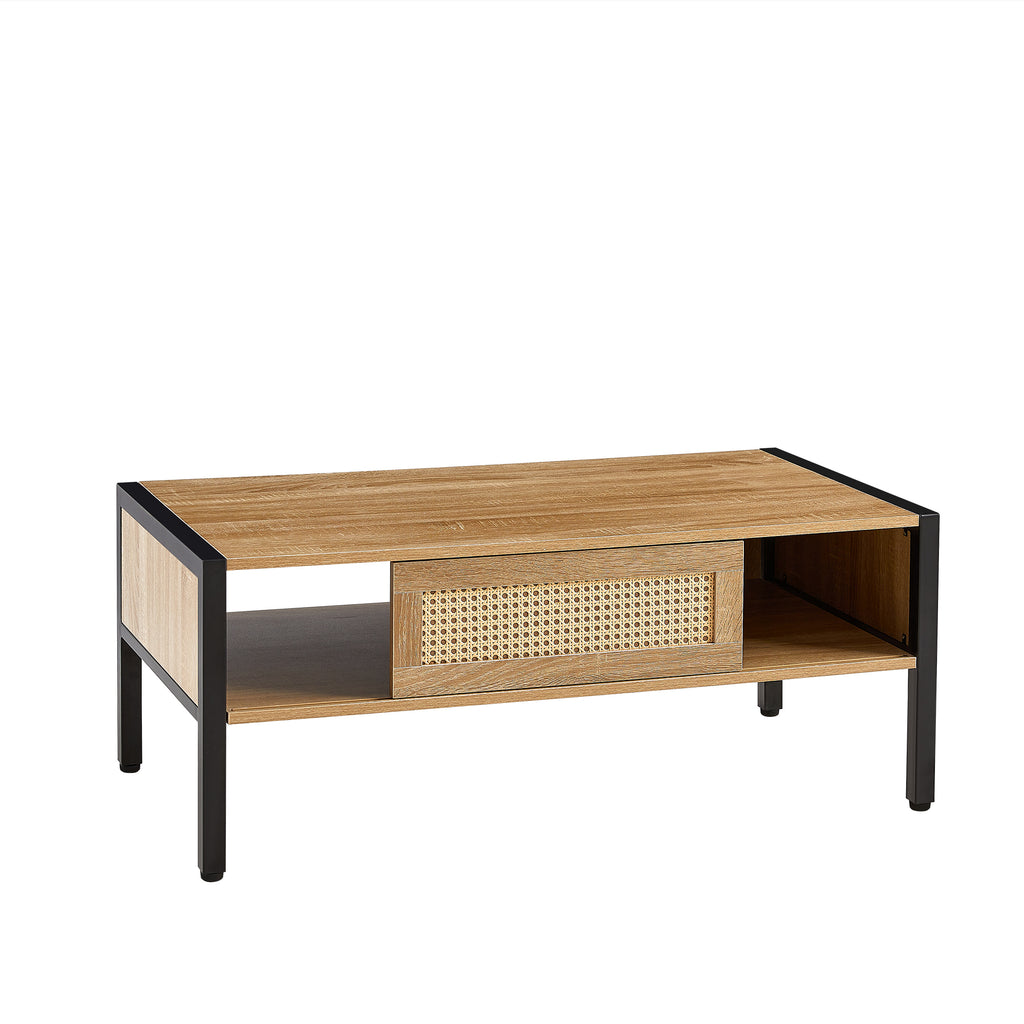 Leoglint 40.16" Rattan Coffee table, sliding door for storage, metal legs, Modern table  for living room , natural