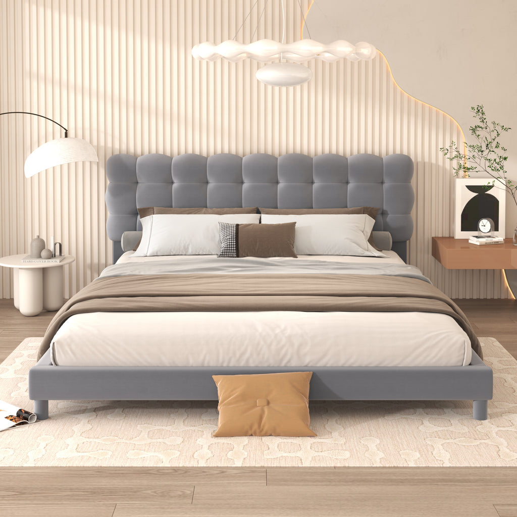 Queen Size Upholstered Platform Bed Frame with Soft Headboard,Gray