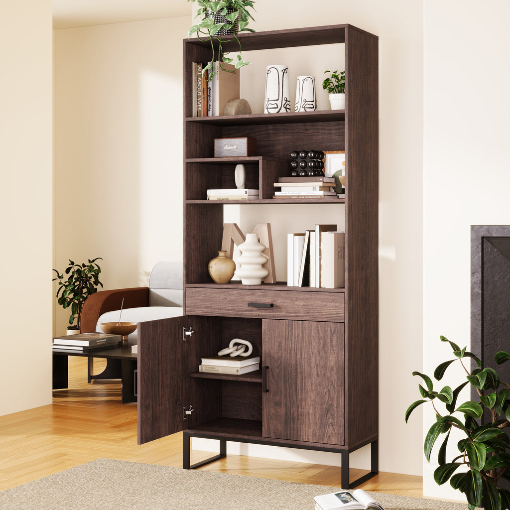 Leoglint 75.9"Modern Open Bookshelf with Doors, Bookcase with Storage drawer and LED Strip Lights,Free Standing Display Rack,Wooden Tall Bookshelf for Living Room and Office, Walnut