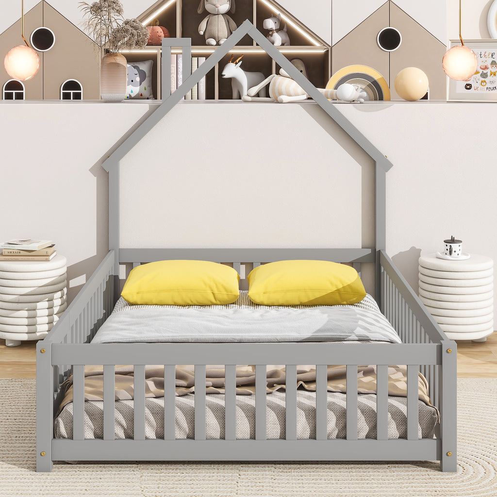 Leoglint Bed Frame Full House-Shaped Headboard Floor Bed with Fence ,Grey