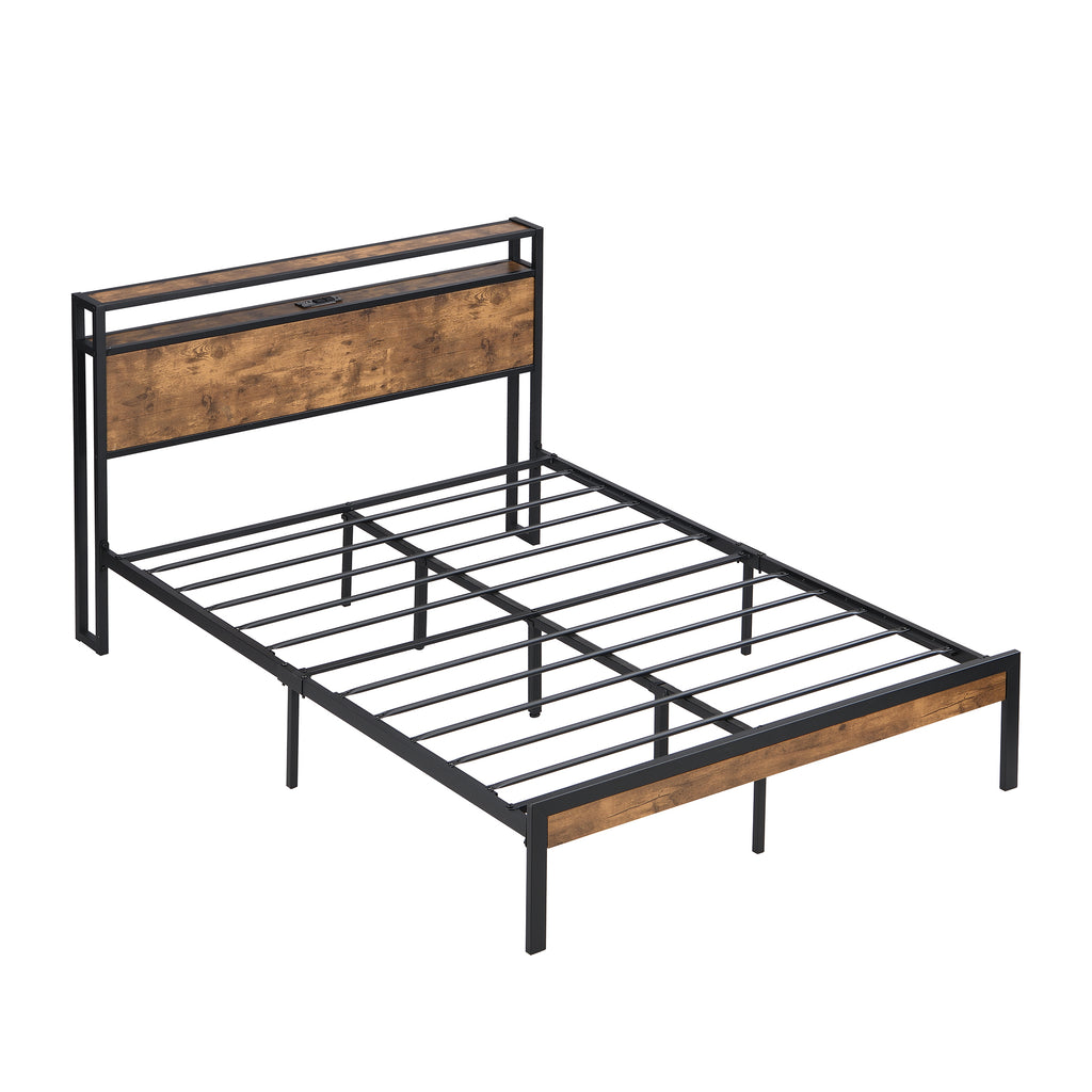 Leoglint King Size Metal Platform Bed Frame with Wooden Headboard and Footboard with USB LINER, No Box Spring Needed, Large Under Bed Storage, Easy Assemble