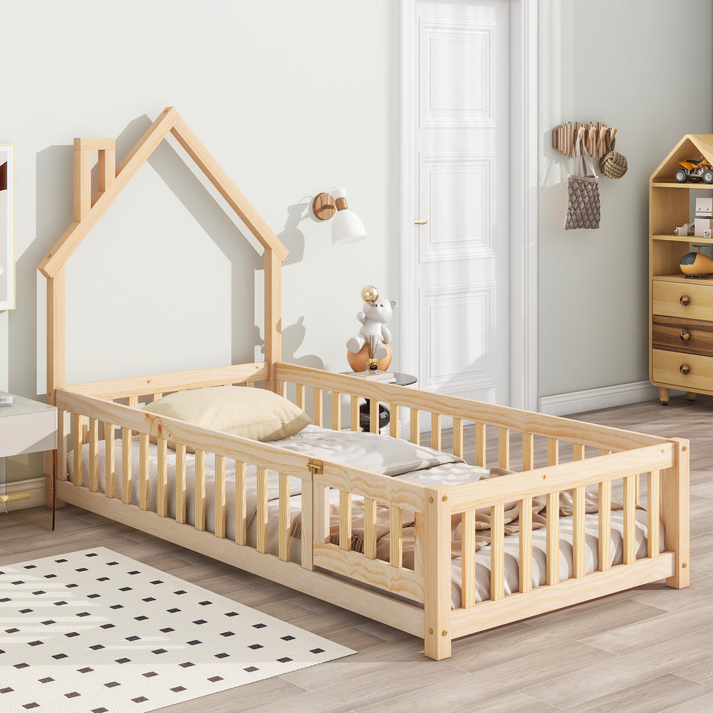 Twin House-Shaped Headboard Floor Bed Frame with Fence,Natural