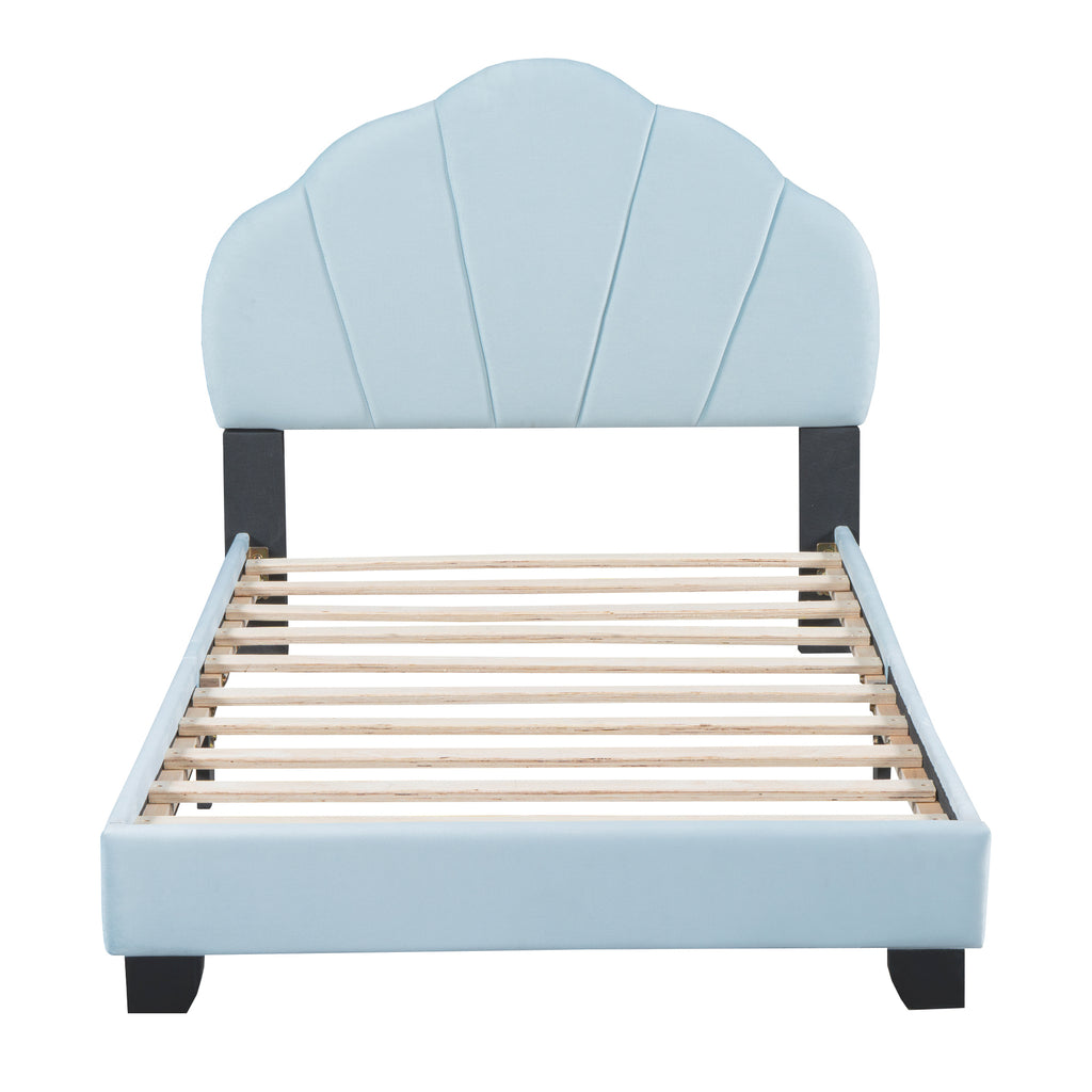 Leoglint Twin Size Upholstered Velvet Platform Bed Frame with Shell-Shaped Headboard, Blue