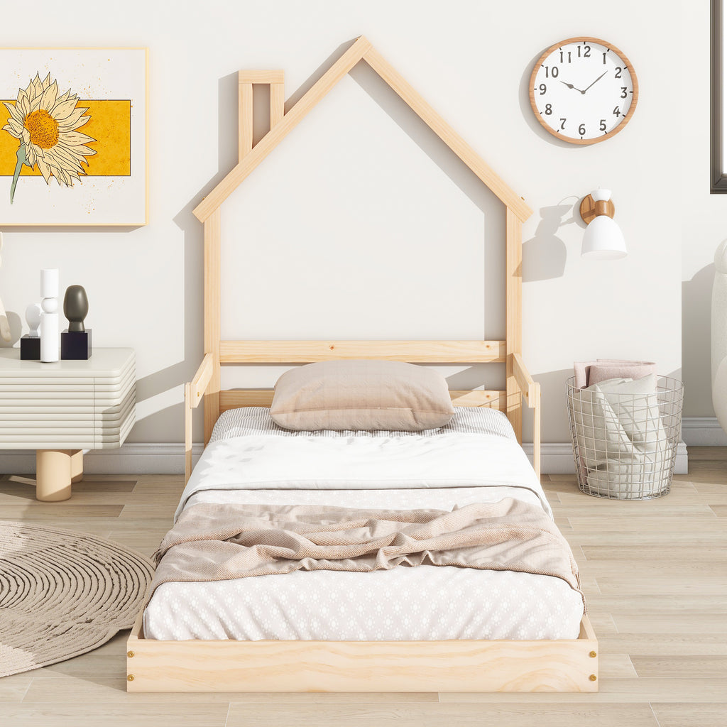 Leoglint Twin House-Shaped Headboard Floor Bed Frame with Handrails ,slats ,Natural