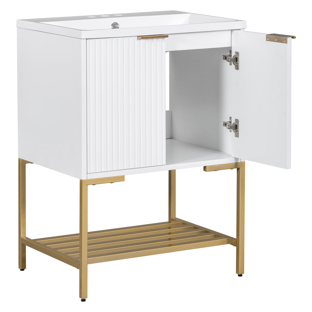 Leoglint 24" Bathroom Vanity with Sink, Bathroom Vanity Cabinet with Two Doors and Gold Metal Frame, Open Storage Shelf, White