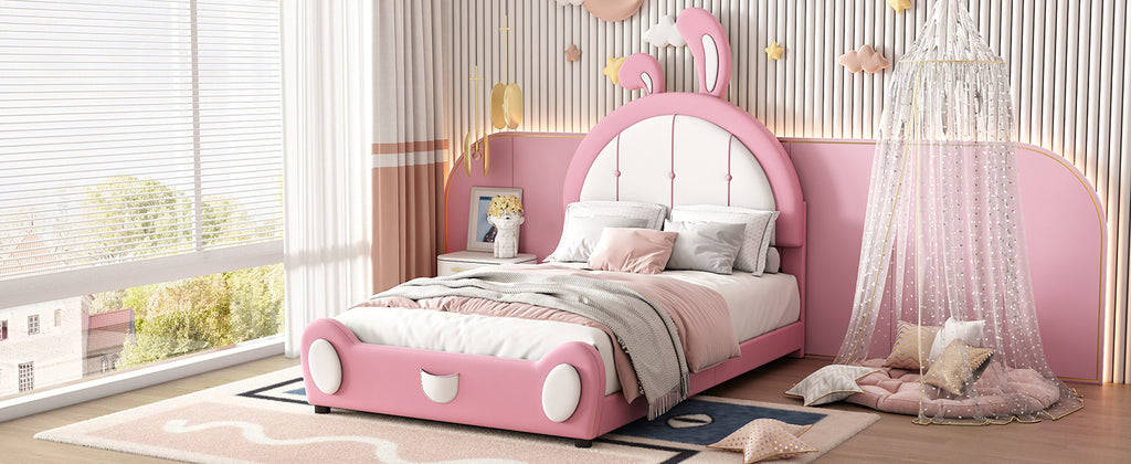 Leoglint Twin Size Upholstered Platform Bed Frame with Rabbit Shaped Headboard, Pink