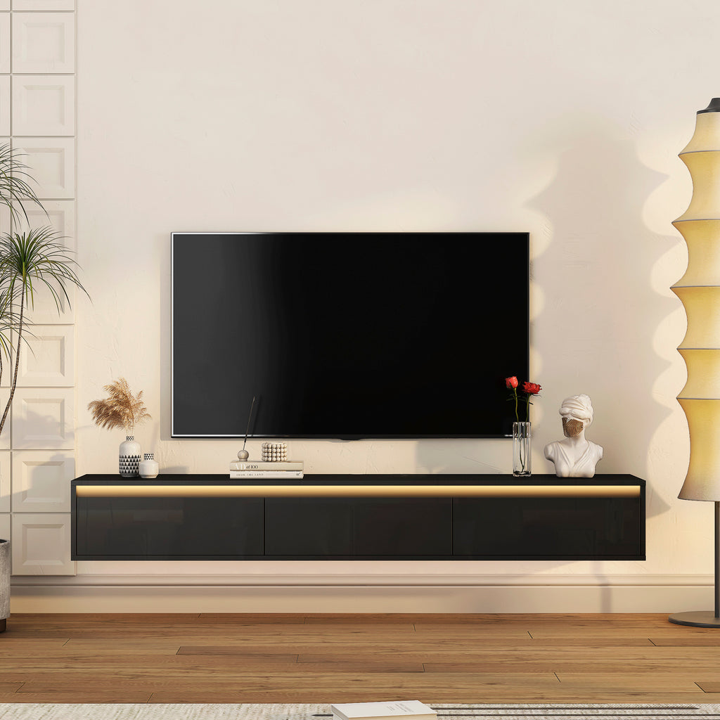 Leoglint Floating TV Stand, Wall Mounted TV Shelf with Led Lights & Power Outlet,High Gloss TV Cabinet for Black tv Stands for Living Room