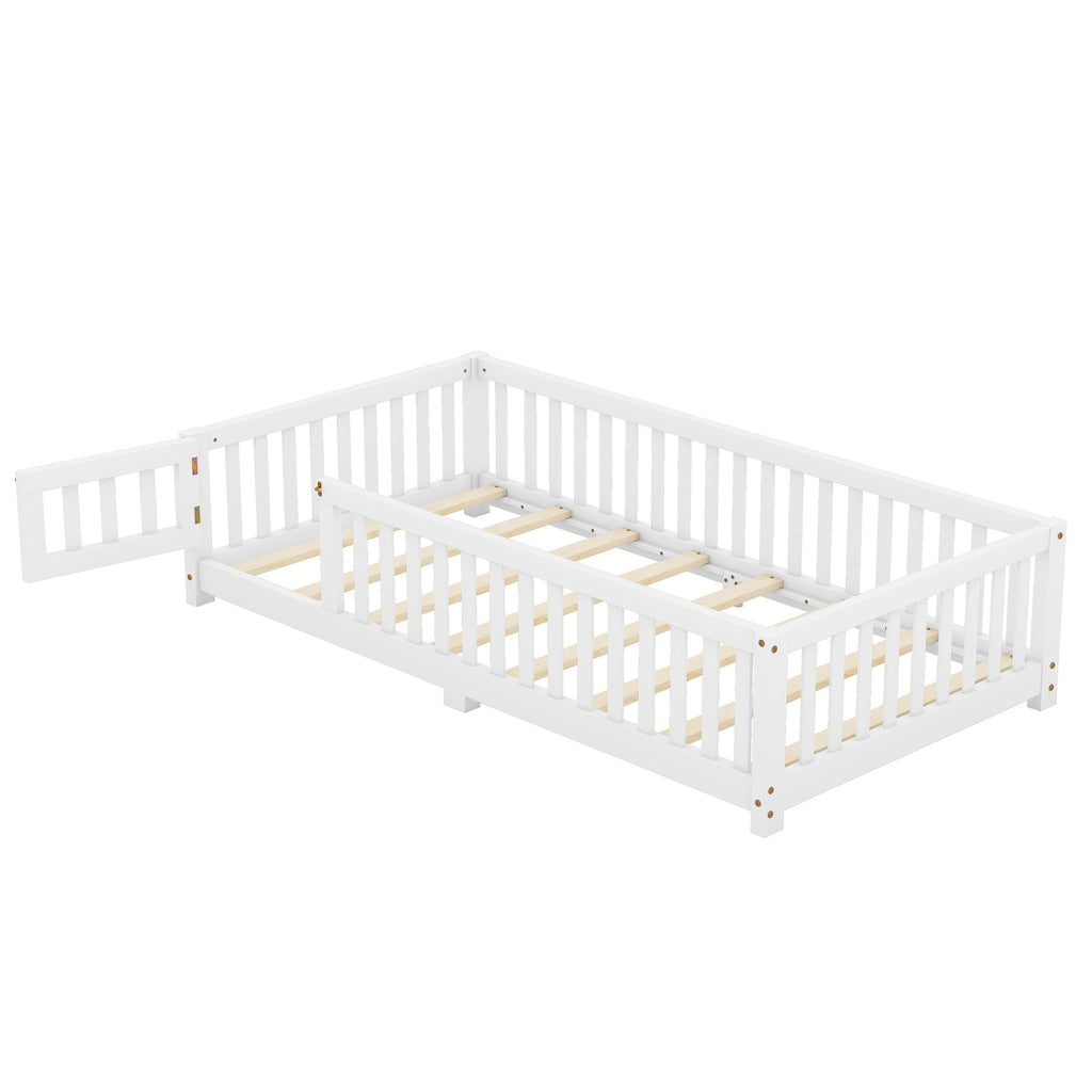 Leoglint Twin Size Bed Floor Bed Frame with Safety Guardrails and Door for Kids, White(Old SKU:W158090683)