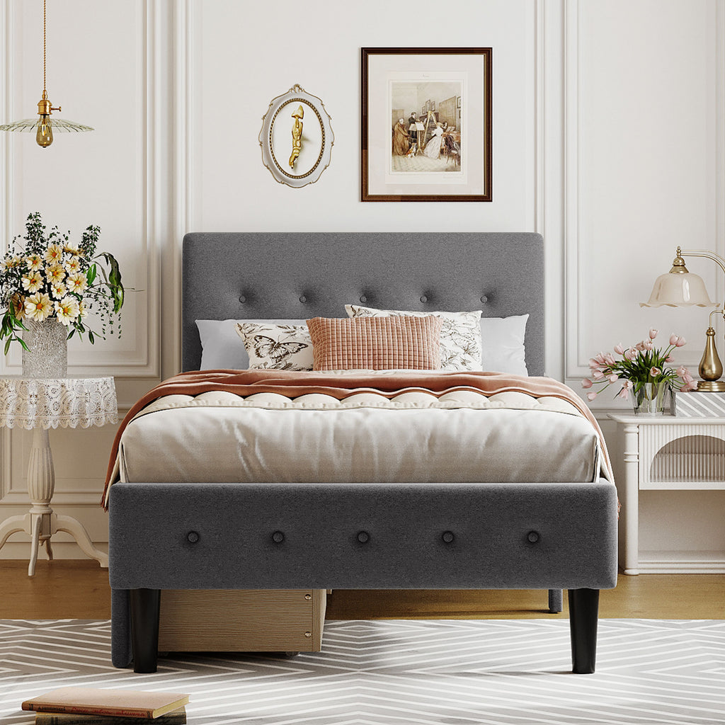 Leoglint Twin Size Upholstered Platform Bed Frame with 2 Drawers, Gray