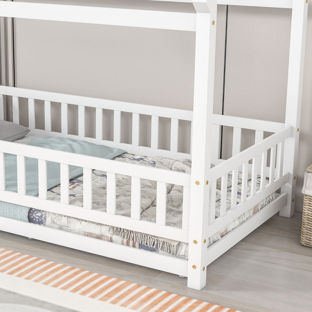 Leoglint Twin Size Floor Wooden Bed Frame with House Roof Frame, Fence Guardrails,White(Old SKU:W1791106615)