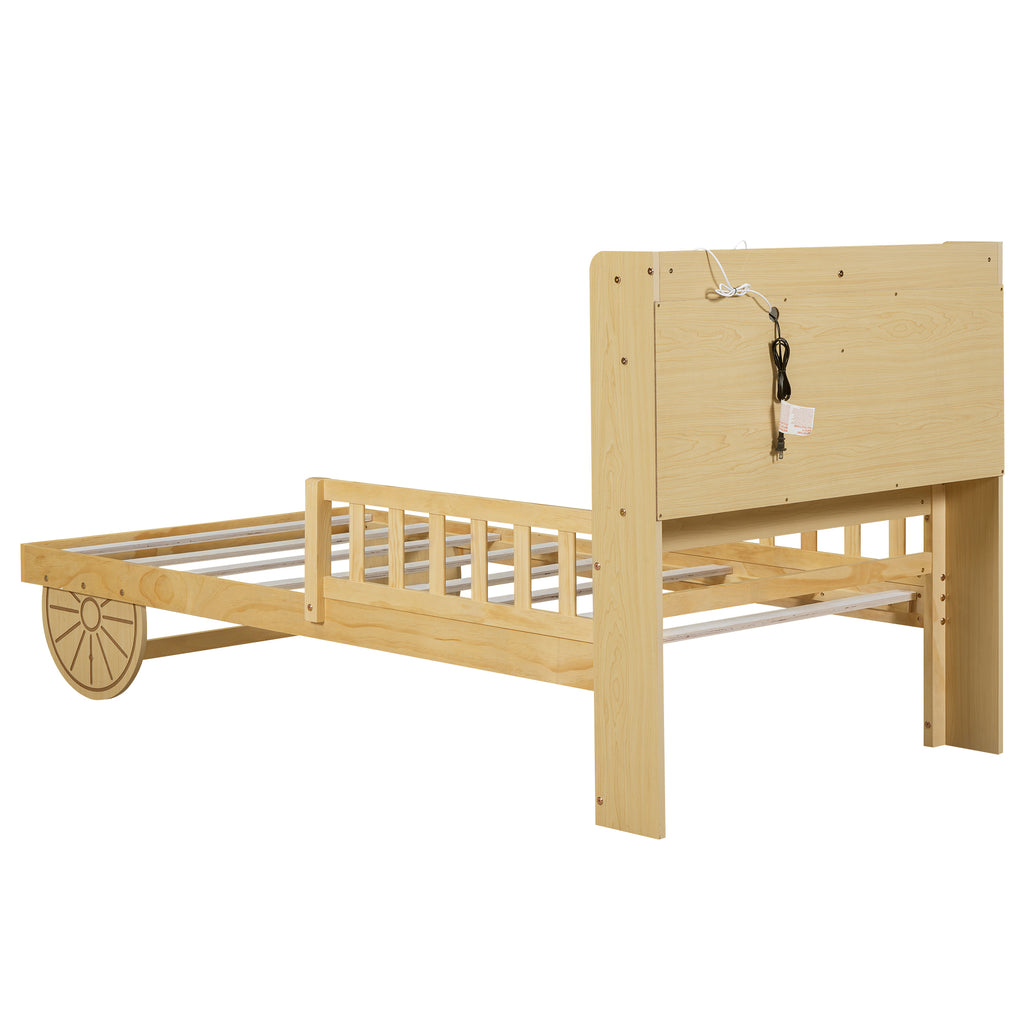 Leoglint Twin Size Car Bed Frame with Bear-Shaped Headboard, USB and LED, Natural