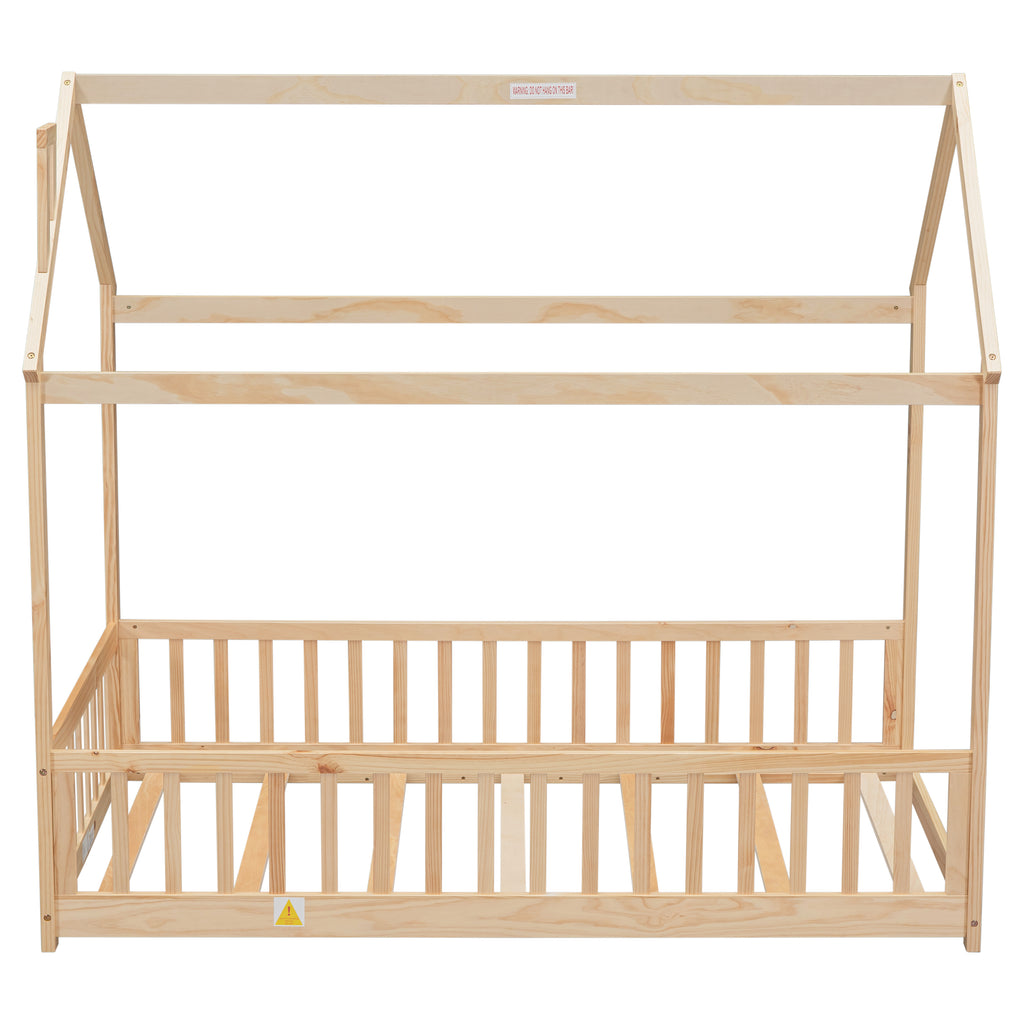 Twin House Bed Frame with Guardrails, Slats ,Natural