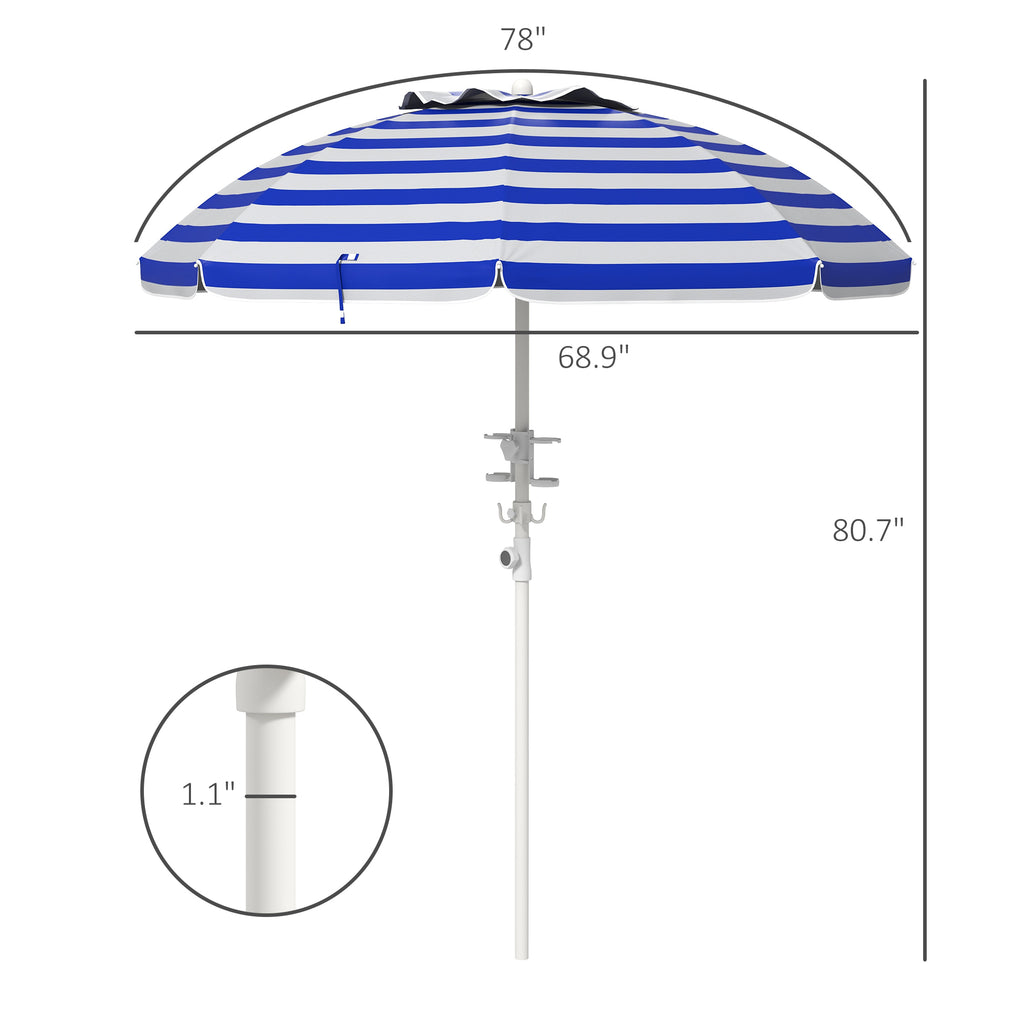 Leoglint 5.7' Portable Beach Umbrella with Tilt, Adjustable Height, 2 Cup Holders & Hooks, UV 40+ Ruffled Outdoor Umbrella with Vented Canopy, Blue White Stripe