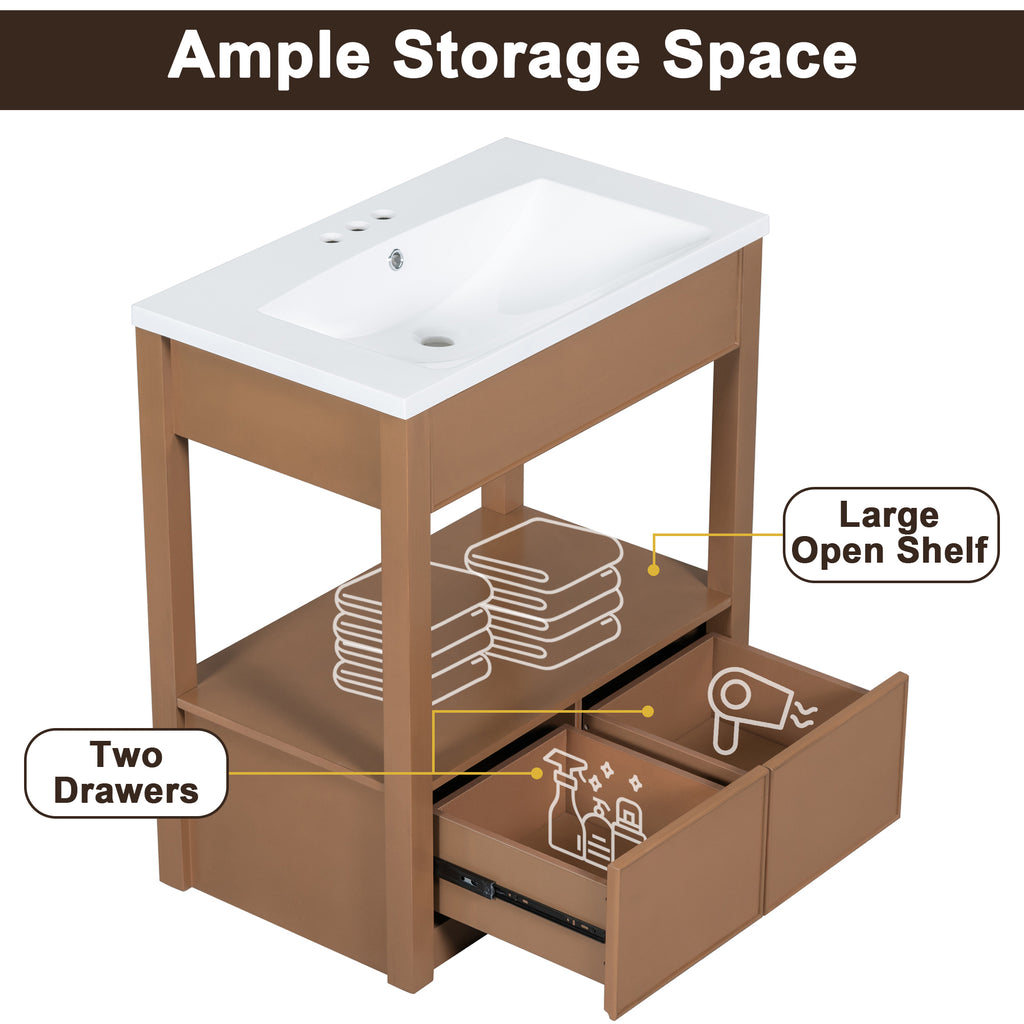 Leoglint 30" Bathroom Vanity without Sink Top, Cabinet Base Only, Open Storage Shelf and Two Drawers, Brown