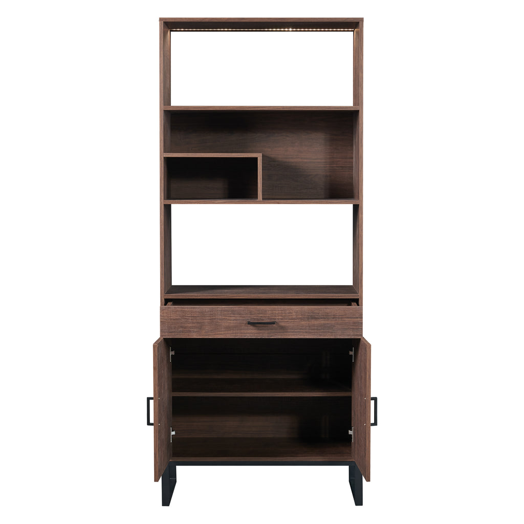 Leoglint 75.9"Modern Open Bookshelf with Doors, Bookcase with Storage drawer and LED Strip Lights,Free Standing Display Rack,Wooden Tall Bookshelf for Living Room and Office, Walnut