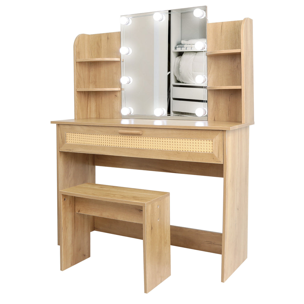 Leoglint Drawer Chest Vanity Desk Set Stool & Dressing Table with LED Lighting Mirror Drawer and Compartments Modern Wood Cosmetic Table Chest of Drawers Nature Color