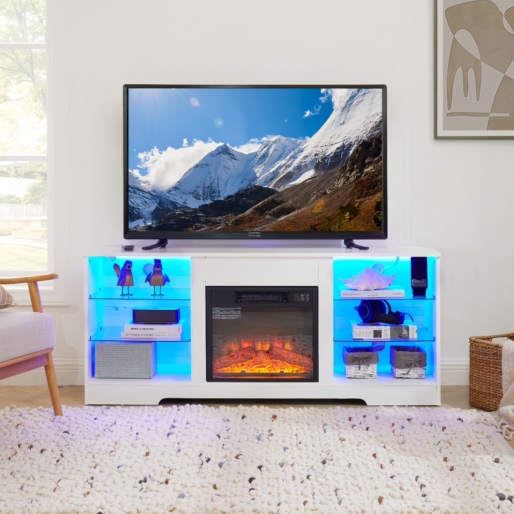 Leoglint TV Stand Electric Fireplace TV Stand with Glass Shelves, 3D Fireplace TV Stand with LED Lights Wood with USB Charging Outlet Modern Television Table Center for TV up to 32-62" White 58''W*15.5''D*24.4