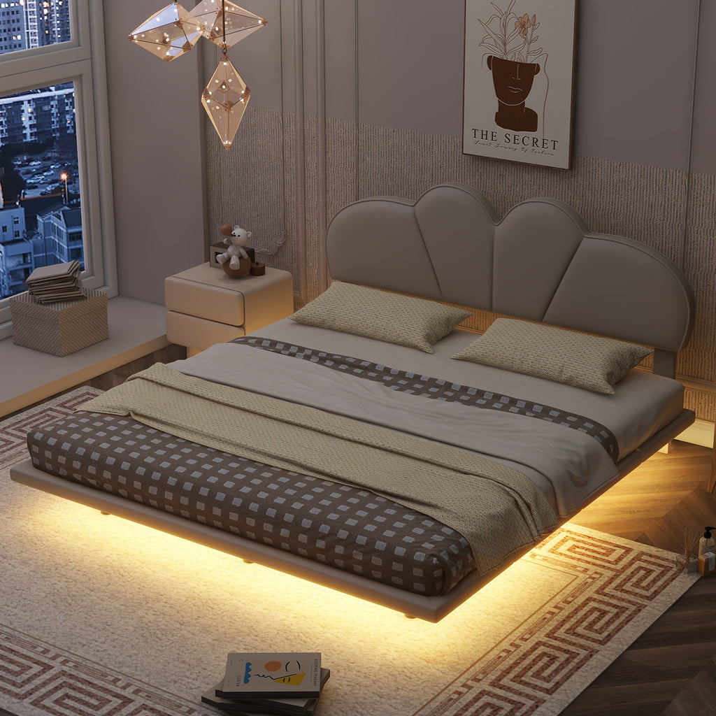 Queen Size Upholstery LED Floating Bed Frame with PU Leather Headboard and Support Legs,Beige