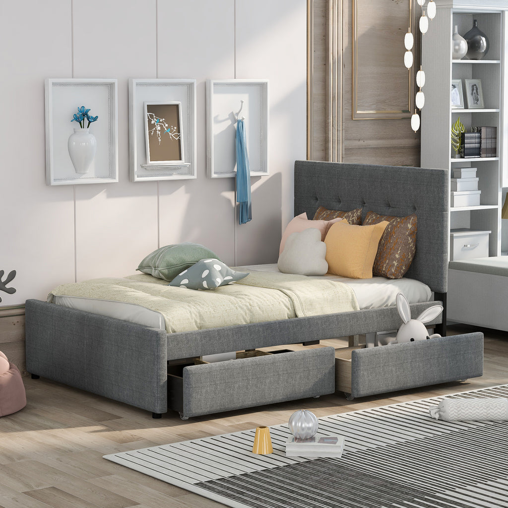 Leoglint Linen Upholstered Platform Bed Frame With Headboard and Two Drawers, Full(Old SKU: SM000505AAE)