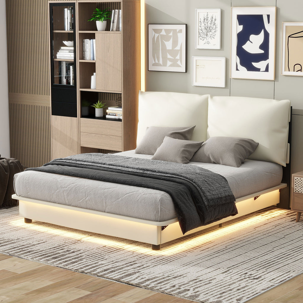 Queen Size Upholstered Platform Bed Frame with Sensor Light and Ergonomic Design Backrests, White