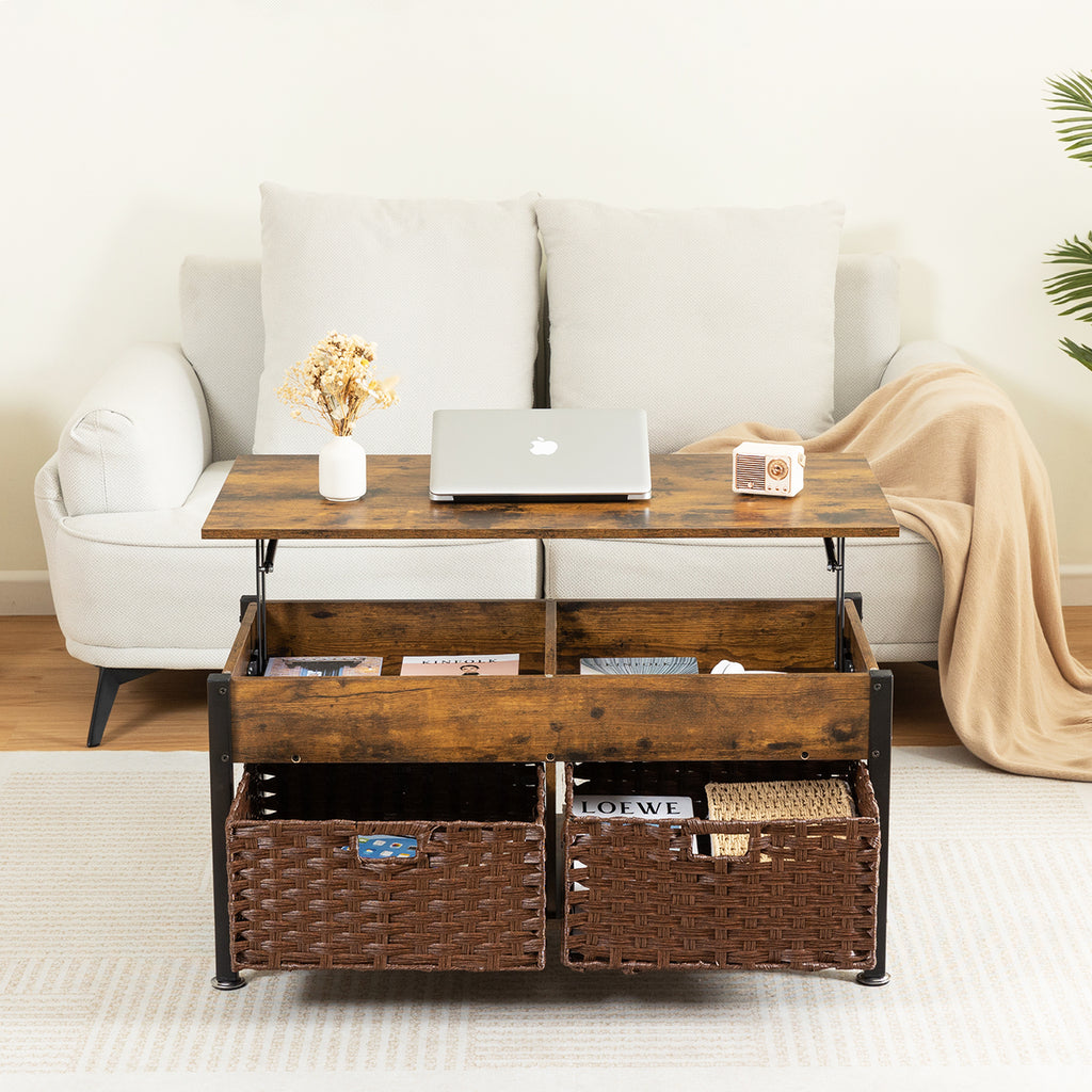 Leoglint Metal coffee table,desk,with a lifting table,and hidden storage space.There were two removable wicker baskets that could be placed in any space such as the living room,color:brown with fire wood grain