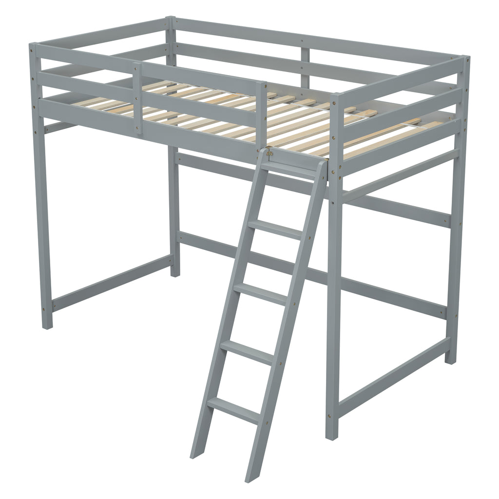 Leoglint Twin Size High Loft Bed Frame with inclined Ladder, Guardrails,Grey