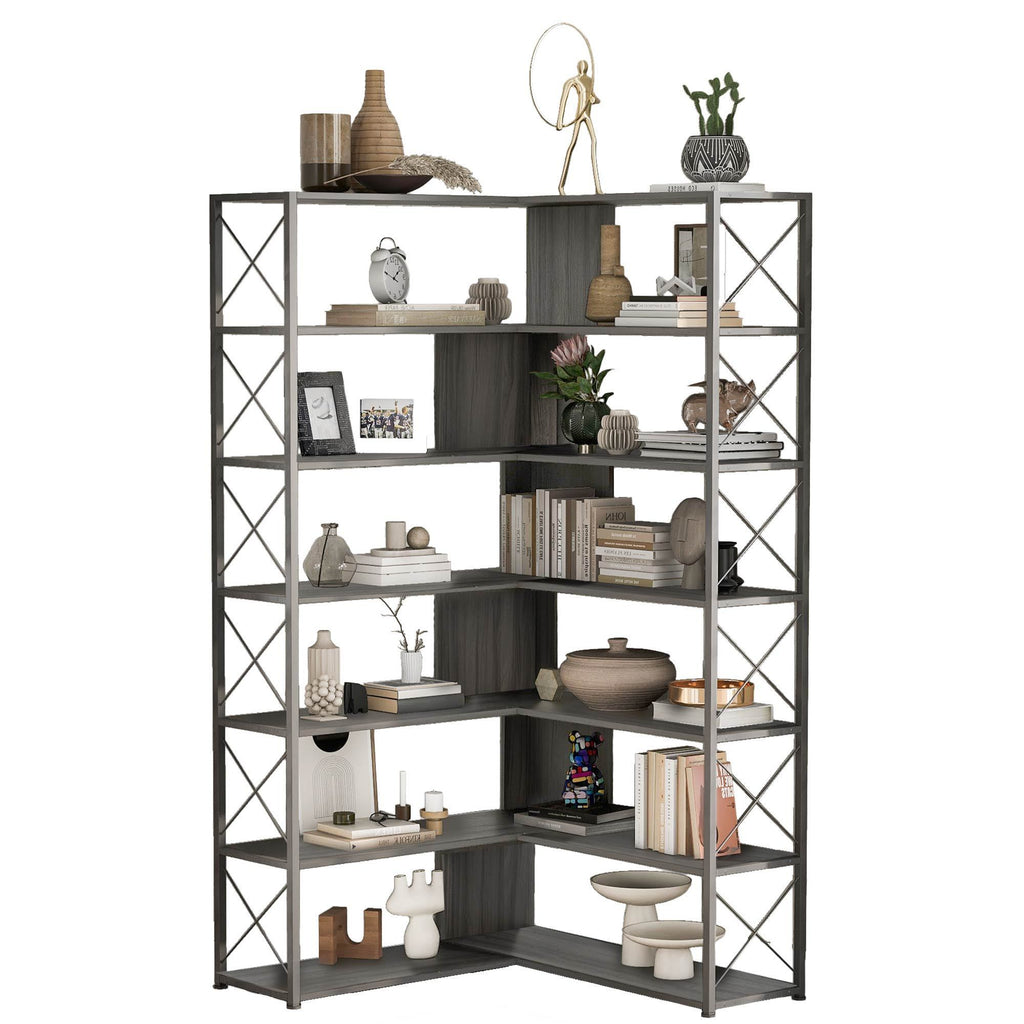 Leoglint Silver+Grey 7-Tier Bookcase Home Office Bookshelf,  L-Shaped Corner Bookcase with Metal Frame, Industrial Style Shelf with Open Storage, MDF Board