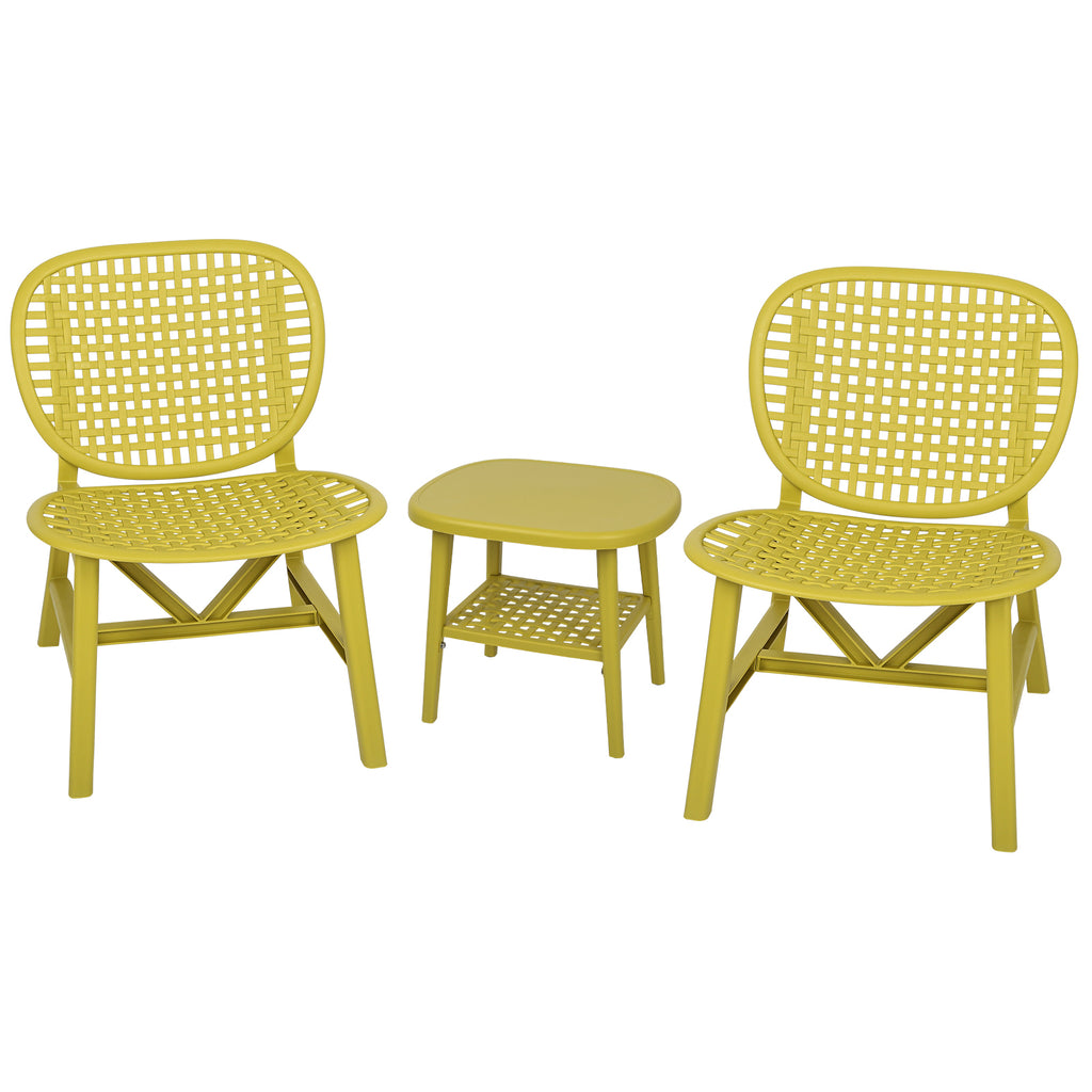 Leoglint 3 Pieces Hollow Design Patio Table Outdoor Chair Set All Weather Conversation Bistro Set Outdoor Coffee Table with Open Shelf and Lounge Chairs with Widened Seat for Balcony Garden Yard Yellow