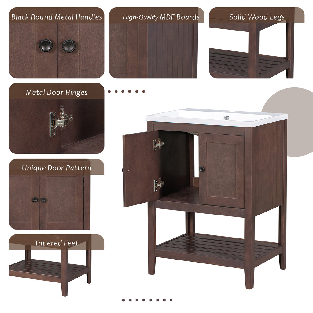 Leoglint 24" Bathroom Vanity Base Only, Soild Wood Frame, Bathroom Storage Cabinet with Doors and Open Shelf, Brown