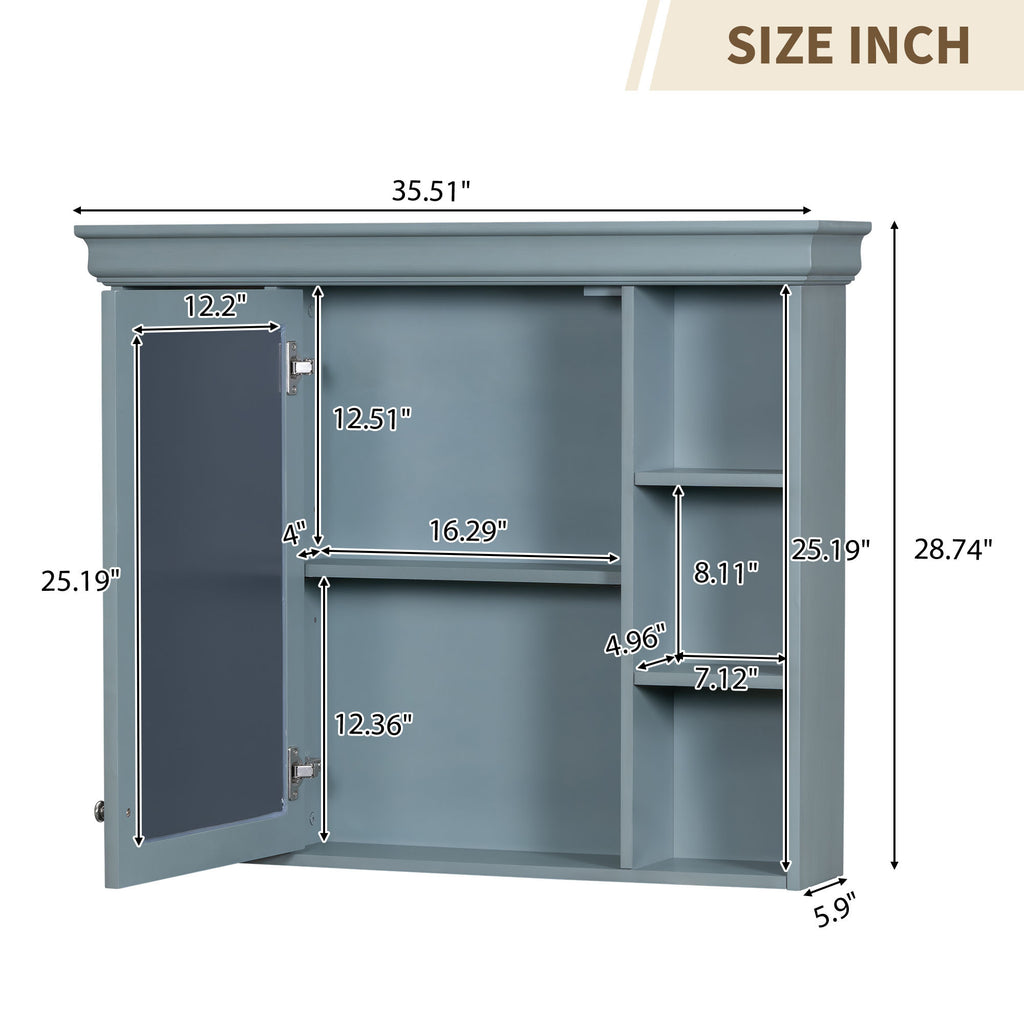 Leoglint 35'' x 28'' Blue Wall Mounted Bathroom Storage Cabinet with Mirror Door, Modern Bathroom Wall Cabinet with Mirror, Medicine Cabinet with 6 Open Shelves